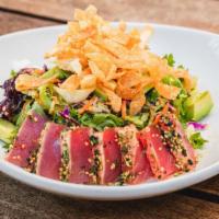 Seared Furikake Crusted Ahi Tuna Salad · pan-seared ahi tuna / spring mix / cabbage / carrot / green onions / cilantro / crispy wonto...