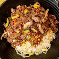Bulgogi Bibimbap - 불고기 비빔밥 · 불고기 비빔밥 Gochujang (spicy) Mixed Rice with Bulgogi and Seasoned Vegetables Comes with 3 side ...