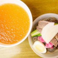 Naengmyeon (Cold Buckwheat Noodle) - 물냉면 · 물냉면 Buckwheat Noodle in Cold Beef Broth with Slices of Beef and Radish