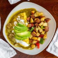 Chile Verde · Fresh pork meat in our homemade chile verde, Topped with sour cream, avocado, jack cheese.