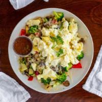 Skinny · Three egg whites,  zucchini, onions, bell peppers, Broccoli, mushrooms, and jack cheese serv...