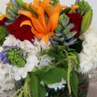 Bowl Mixed Bouquet · Roses, 
lilies, 
hydrangeas, 
hyacinths
