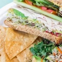 Vegetarian Turkey Sandwich · Vegetarian turkey, lettuce, cucumbers, tomatoes, vegan bacon bits, sprouts, mayonnaise, must...