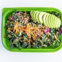 Kale Salad · Kale, avocado, feta cheese, dried cranberries, carrots, sunflower seeds tossed in tahini dre...