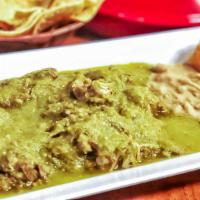 Combo Chile Verde · Pork in green salsa served with rice, beans, and freshly made tortillas