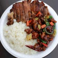 Combo    A · Rice or /and  Chow Mein  with ONE Item ( orange chicken, broccoli beef ,potatoe chicken, jal...