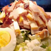 Chef Salad · Romaine, tomato, olives, croutons, ham, turkey, American, and swiss cheese, boiled, egg and ...