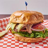 Monterey Moo · On a kaiser bun with Jack cheese, bacon, avocado. moo sauce, lettuce, tomato, and red onions.