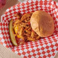 Bbq Moo · On a kaiser bun, basted with zesty bbq sauce, topped with bacon, Cheddar cheese, and deep fr...