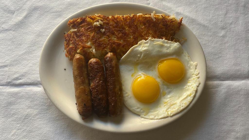 Sausage & 2 Eggs · Three link sausages and two eggs