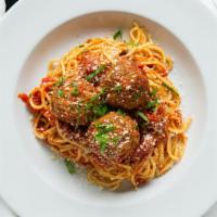 Spaghetti And Meatballs · Spaghetti topped with gourmet marinara sauce and three 2 oz. meatballs.  Served with Parmesa...