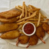 Fish, Shrimp & Chips · Four golden strips of cod, four jumbo fried shrimp, served with French fries, coleslaw, tart...