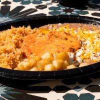 Huevos Rancheros · Includes, Eggs, Ranchero Sauce, Beans, Rice, Potatoes, & Tortillas