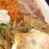 Chilaquiles · Add meat and make it green with additional charge.