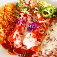Enchiladas Rancheras · Green sauce. Choice of cheese, shredded beef or chicken. Served with rice, beans and pico de...