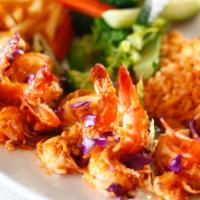 Camarones Al Mojo De Ajo · Grilled shrimp in a garlic butter sauce, served with rice, veggies and french fries. Choice ...