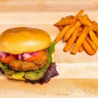 Earth Burger · House made vegan falafel burger served with a side of sweet potato fries.