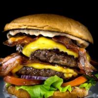 Double Bacon Cheeseburger · Double patty with cheese, Strips of Bacon, House dressing, lettuce, tomato, pickles, onion, ...