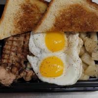 New York  · New York Steak
Potatoes- Eggs  
Side of bread