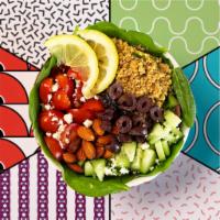 Mediterranean Quinoa Bowl · Seasoned quinoa with your choice of protein, spinach, tomato, cucumber, feta, olives, almond...