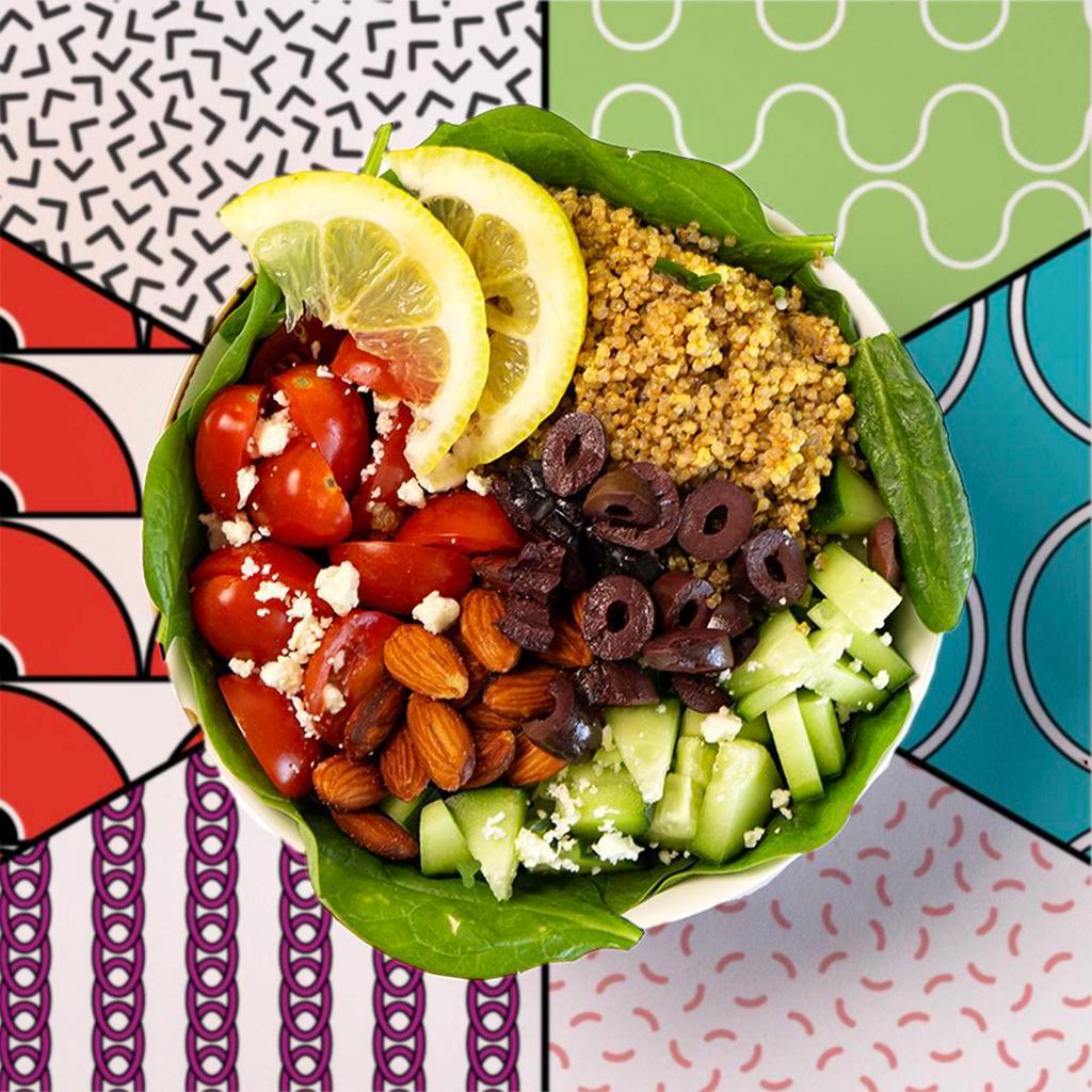 Mediterranean Quinoa Bowl · Seasoned quinoa with your choice of protein, spinach, tomato, cucumber, feta, olives, almonds dressed with lemon vinaigrette.