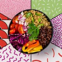 Fajita Quinoa Bowl · Seasoned quinoa with your choice of protein, shredded romaine, bell peppers, onions, cilantr...