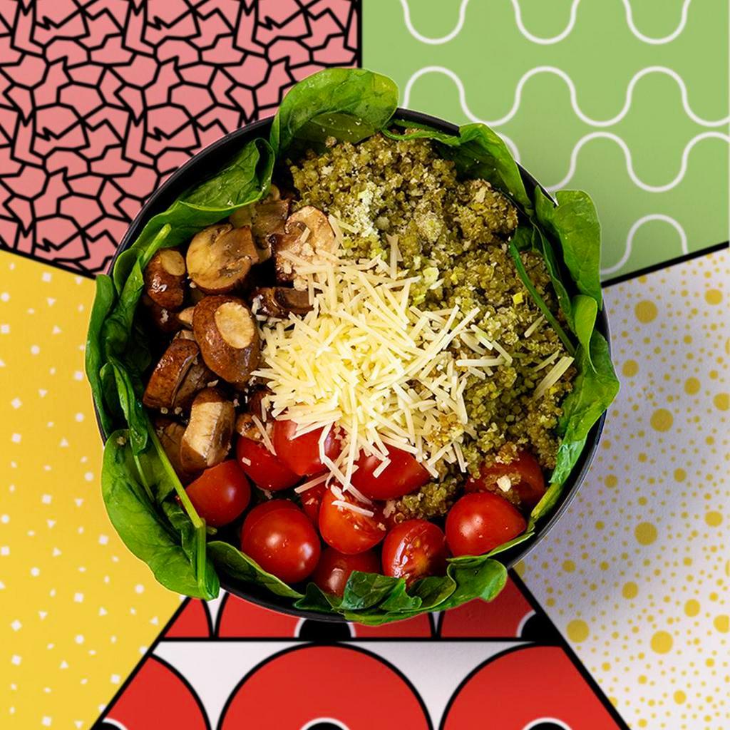 Parmesan Quinoa Bowl · Seasoned quinoa with your choice of protein, spinach, tomato, mushrooms, Parmesan cheese, and pesto.