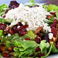 The Sweet & Savory · Mixed greens, sun-dried cranberries, candied nuts, crumbled goat cheese, and our homemade ba...