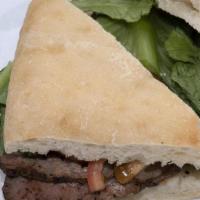 The O.G. · Coffee spice rubbed tri-tip, Roma tomatoes, smoked Gouda cheese, mixed greens and our lemon ...