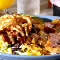 Bbq Ranch Chicken Salad · Grilled Chicken, avocado, tomato, corn, black beans, and cheddar cheese, mixed lettuce, toss...