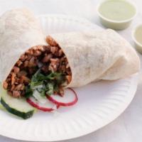 Burrito · Red rice, pinto beans, onions, cilantro, mild salsa verde, and your choice of meat.