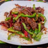 Mongolian Beef · Hot. Tender sliced beef with bell pepper, onion and carrots stir fried in a spicy Mongolian ...