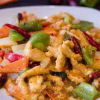Curry Chicken · Hot. Sliced white meat chicken with carrots, diced bell pepper and onions stir fried in a ye...