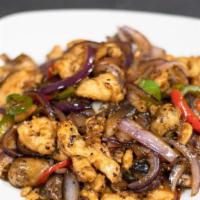 Black Pepper Chicken · Hot. Tender white meat chicken with mushroom, bell peppers and onions wok stir fried in blac...