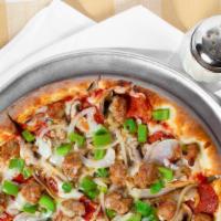 The Works · Pepperoni, Sausage, Mushroom, Onion, Green Bell Pepper, Mozzarella Cheese, Fontina Cheese.