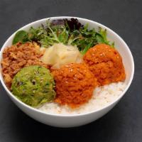 Spicy Tuna Bowl · Spicy tuna, mixed greens, fried onion, onion dressing and guacamole over rice.