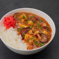 Mabo Tofu Bowl · Vegetarian. Tofu and mushroom in a spicy black bean sauce with green onion, eggplant and red...