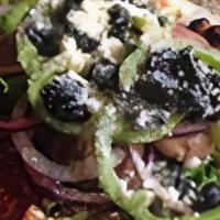 Lg Antipasto · Tossed Salad with provolone, parmesan, capicola ham, genoa salami, black olive & house vinai...