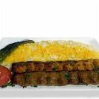 Beef & Chicken Lule Combo · 1 Beef Lule & 1 Chicken Lule kabob served with rice, grilled tomato & grilled pepper.