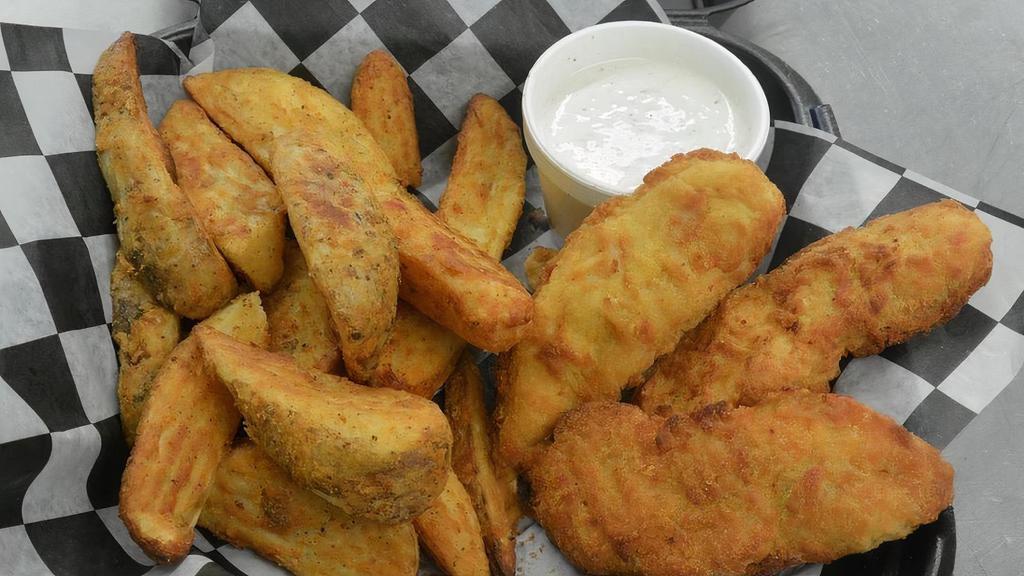 3 Pieces Of Chicken Strips/ Potato Wedges · 