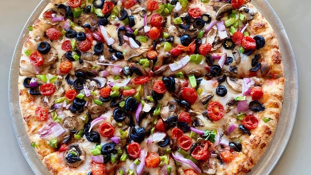 Med Veggie Pizza · Mushroom,Onion,Bell Peppers,Olives & Fresh Roma Tomatoes.