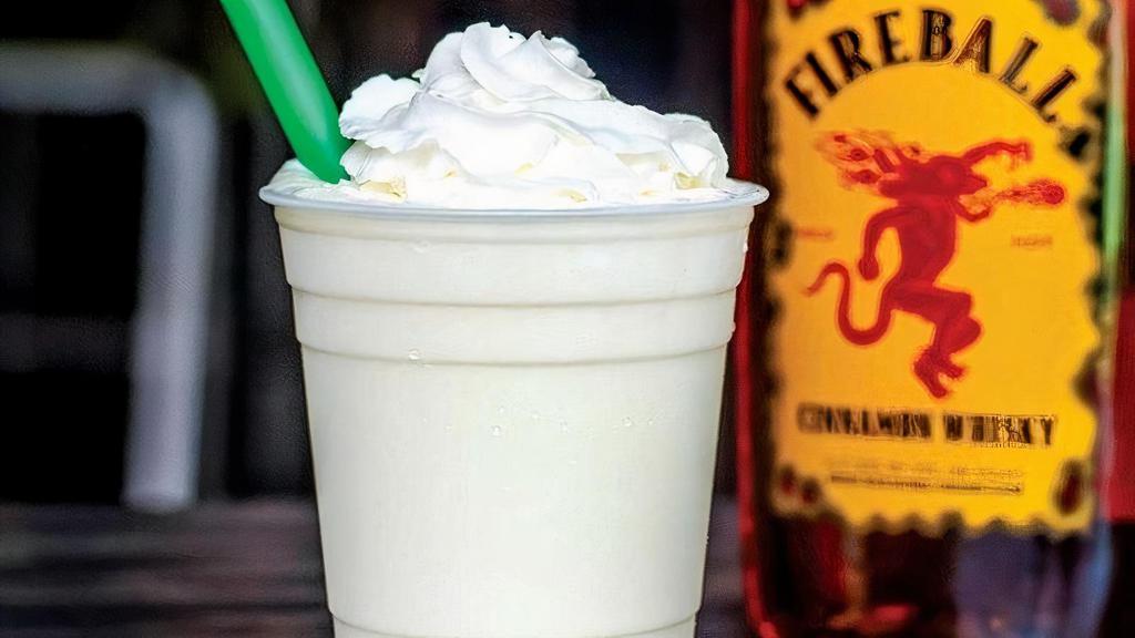 Boozy Vanilla · Classic vanilla shake topped with whipped cream.  Served with Fireball Cinnamon Whiskey.. This item is gluten friendly.  If you have an allergy, please let the kitchen know.. Must be 21 to order, have your ID ready. . Must be ordered with food for ToGo.. CALIFORNIA ONLY: Alcoholic beverages that are packaged by this establishment are open containers and may not be transported in a motor vehicle except in the vehicle’s trunk; or, if there is no trunk, the container may be kept in some other area of the vehicle that is not normally occupied by the driver or passengers (which does not include a utility compartment or glove compartment (Vehicle Code Section 23225)). Further, such beverages may not be consumed in public or in any other area where open containers are prohibited by law.