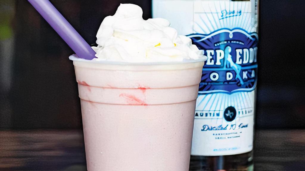Boozy Strawberry · Vanilla custard blended with strawberry sauce, topped with whipped cream.  Served with Deep Eddy Vodka.. This item is gluten friendly.  If you have an allergy, please let the kitchen know.