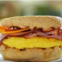Ham, Egg & Cheese Breakfast Sandwich · Cooked eggs on customer's choice of preparation, cheese and ham on customer's bread choice.