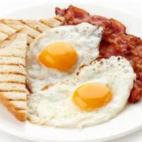 Bacon And Eggs Plates · Bacon, three eggs, hash browns, and toast.