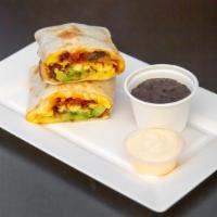 Bacon & Spanish Chorizo Burrito · Applewood bacon, Spanish chorizo, scrambled eggs, avocado, cheddar cheese, tomato, greens an...