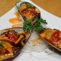 Baked Green Mussel (4 Pcs.) · Baked green mussels with crab, eel sauce, and spicy mayo.