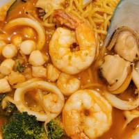 Spicy Seafood Ramen · Calamari, Shrimp, Scallop, Mussel, Spicy Broth, Hard-boiled Egg, Seaweed, Bean Sprouts, Cabb...