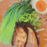 Spicy Miso Ramen · Pork spicy miso broth, shoyu braised pork belly, green onion, bok choy, bean sprouts, red on...