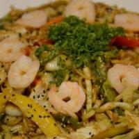 Seafood Yakisoba · Calamari, scallop, shrimp, and mussels with cabbage, broccoli, carrots, bean sprouts, and Wo...